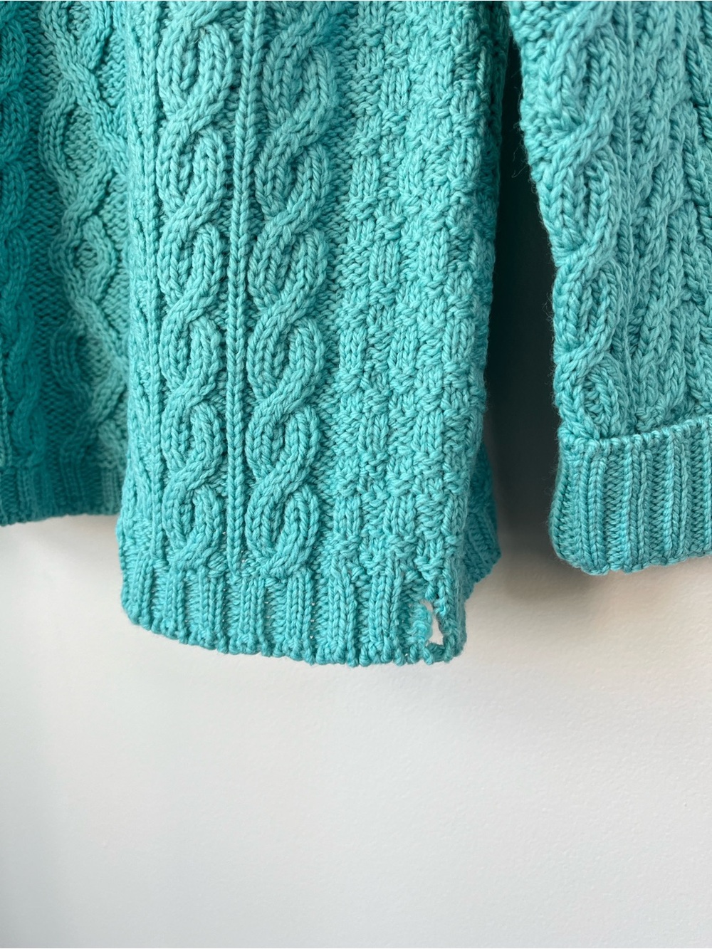 NWOT Aran Crafts Womans L Turquoise Merino Wool Cable Knit 1/4-Zip Sweater- FLAW - Picture 14 of 15
